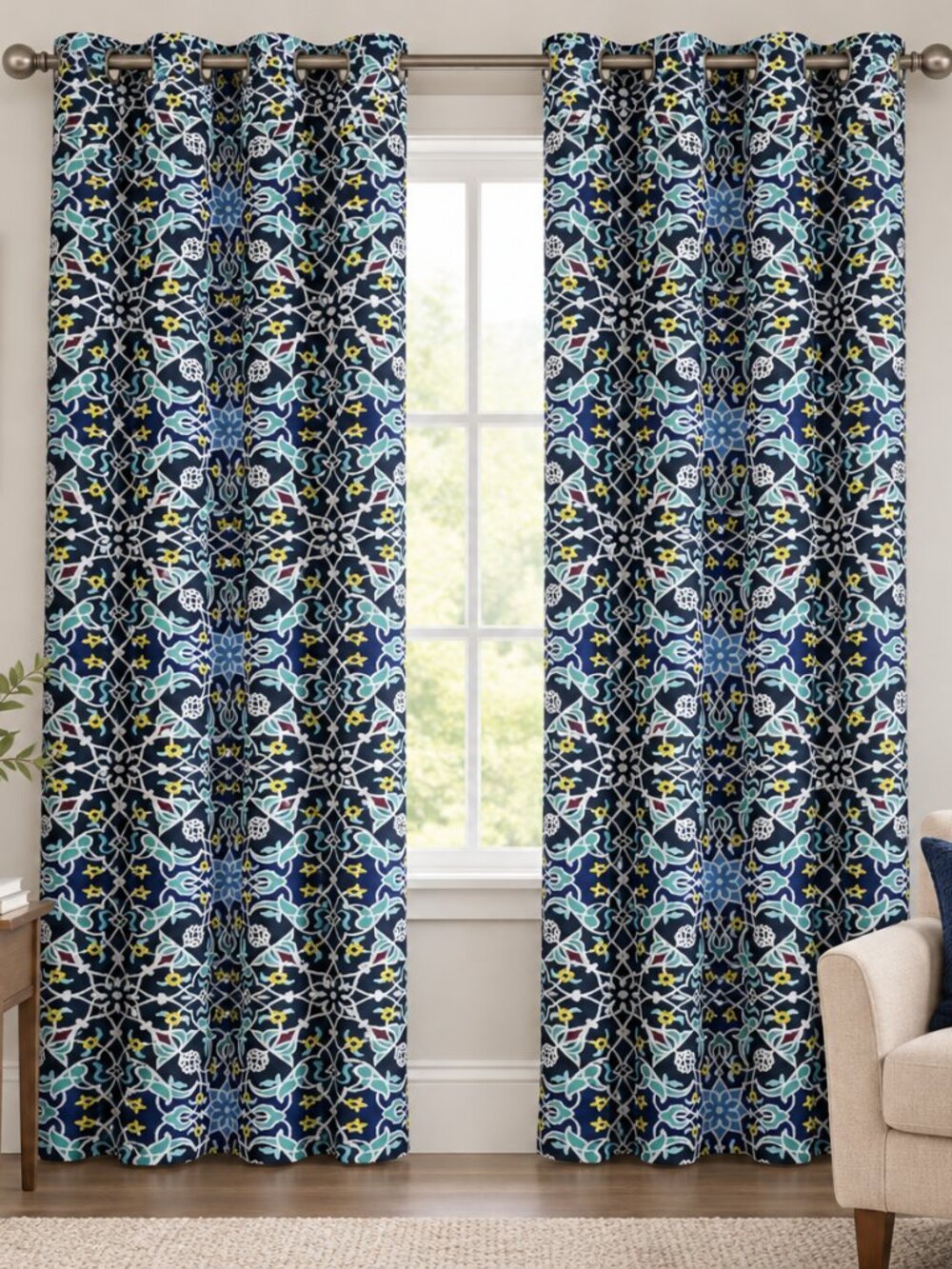 Floral Geometric Grommet Curtain Panels 42" x 62" PAIR Unbranded